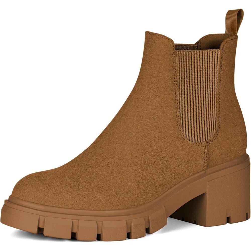 Women's Brown Suede Fashion Lug Sole Chunky Heel Slip On Elastic Ankle Boots